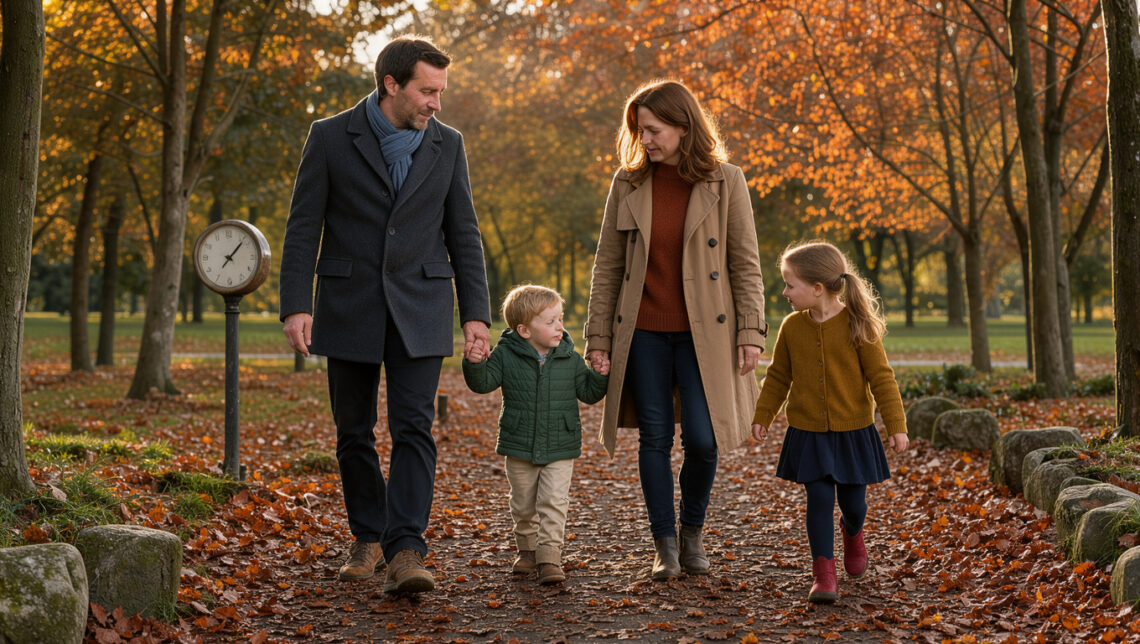 Une famille composée d’un homme, d’une femme et de deux enfants se promène dans un parc français aux couleurs de l’automne, baigné par une lumière dorée, avec une horloge de jardin discrète en arrière-plan.