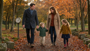 Une famille composée d’un homme, d’une femme et de deux enfants se promène dans un parc français aux couleurs de l’automne, baigné par une lumière dorée, avec une horloge de jardin discrète en arrière-plan.