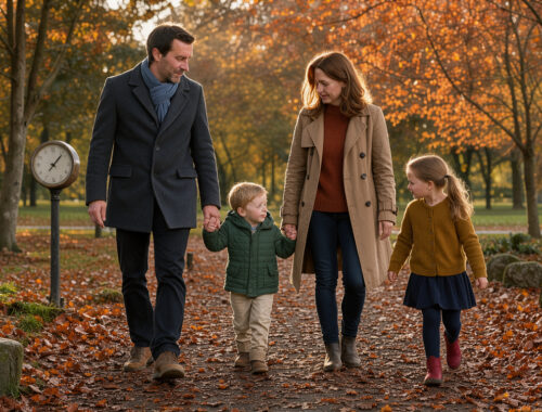 Une famille composée d’un homme, d’une femme et de deux enfants se promène dans un parc français aux couleurs de l’automne, baigné par une lumière dorée, avec une horloge de jardin discrète en arrière-plan.