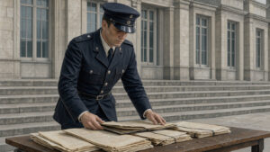 Illustration réaliste d’un officier de gendarmerie français des années 1970 devant un bâtiment institutionnel, avec des dossiers d’archives et des documents anciens posés sur une table en bois.