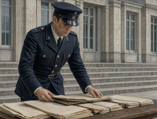 Illustration réaliste d’un officier de gendarmerie français des années 1970 devant un bâtiment institutionnel, avec des dossiers d’archives et des documents anciens posés sur une table en bois.