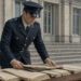 Illustration réaliste d’un officier de gendarmerie français des années 1970 devant un bâtiment institutionnel, avec des dossiers d’archives et des documents anciens posés sur une table en bois.